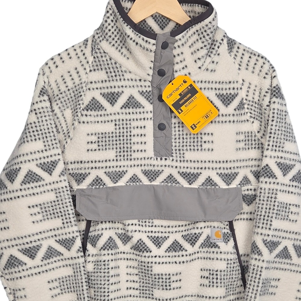 Carhartt Fleece Pullover Womens XL White Gray Aztec Snap Relaxed Cozy NEW
